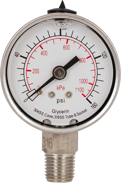 Wet Pres Ga, 0-160 PSI, 2.0in Dia, 1/4 NPT Bottom Port, All Stainless Steel - SpectraPure