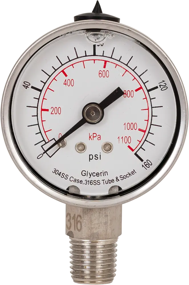 Wet Pres Ga, 0-160 PSI, 2.0in Dia, 1/4 NPT Bottom Port, All Stainless Steel - SpectraPure